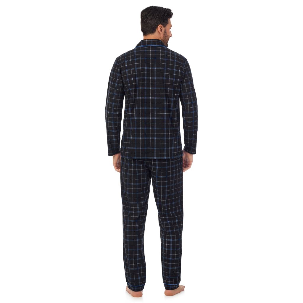  A Man is wearing Black Windowpane Mens Cozy Lodge Notch Pajama 2-Pc Set