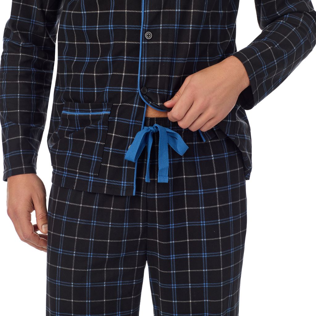  A Man is wearing Black Windowpane Mens Cozy Lodge Notch Pajama 2-Pc Set