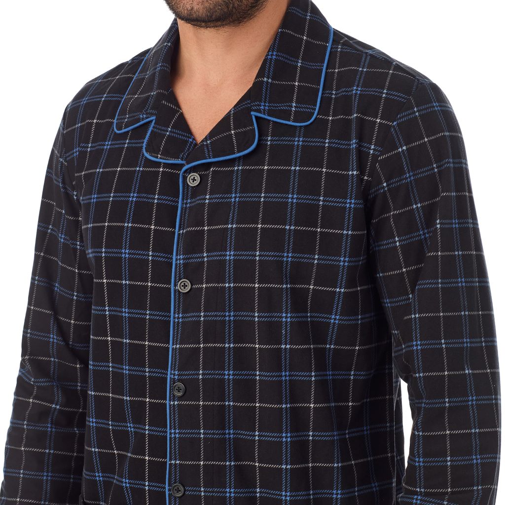 Black Windowpane; Model is wearing a size M. He is 6’2”, Waist is 32”, Inseam 34”@ A Man is wearing Black Windowpane Mens Cozy Lodge Notch Pajama 2-Pc Set