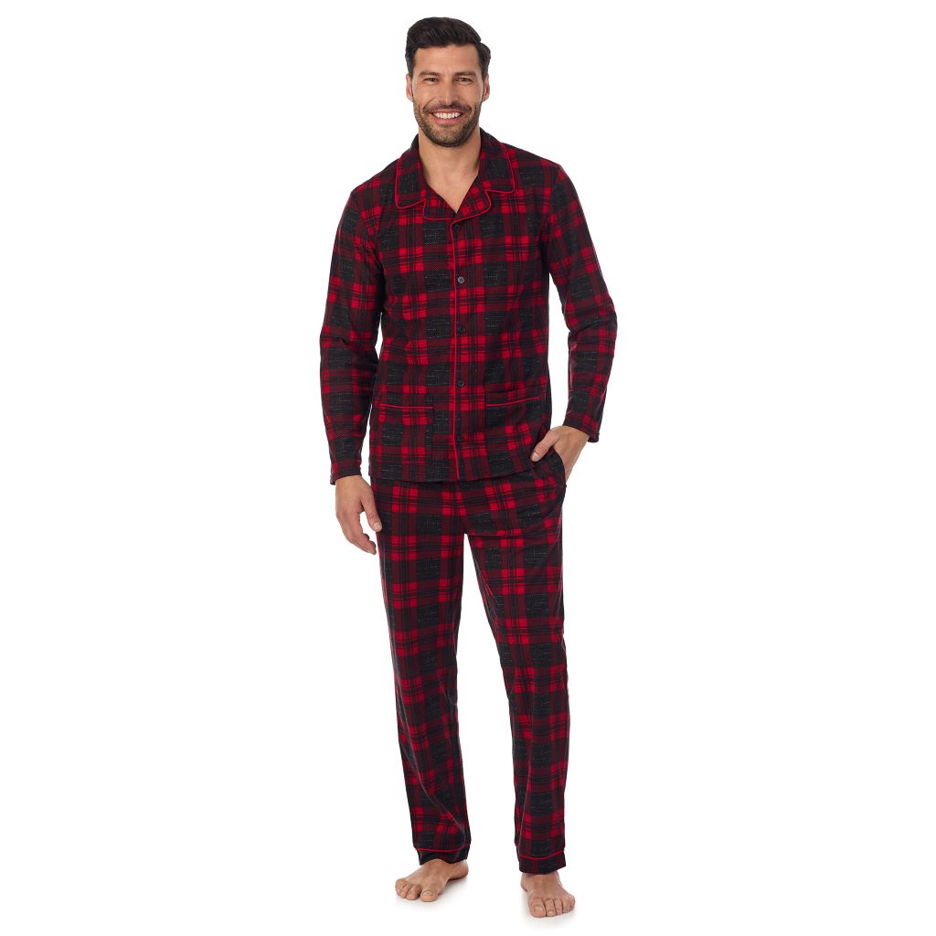 Red Buffalo Check; Model is wearing a size M. He is 6’2”, Waist is 32”, Inseam 34”@ A Man is wearing Red Buffalo Check Mens Cozy Lodge Notch Pajama 2-Pc Set