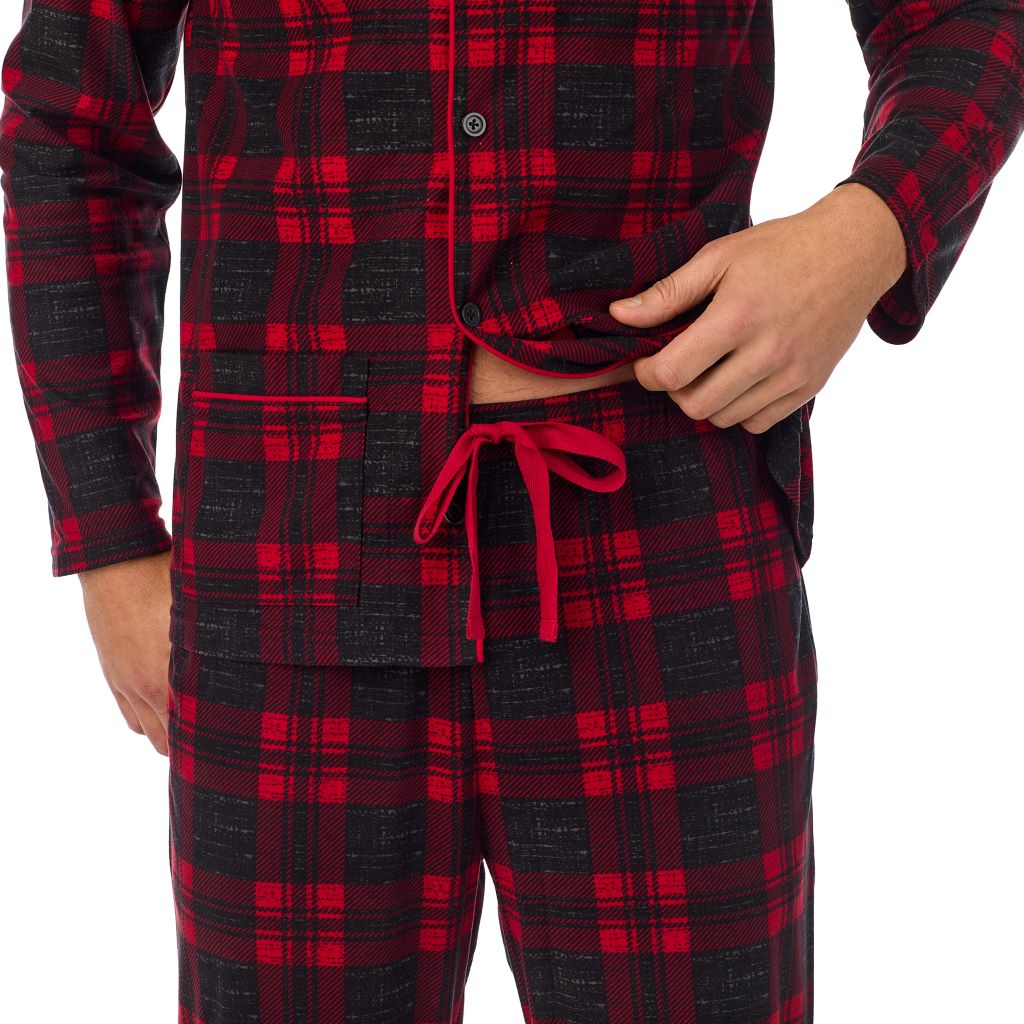  A Man is wearing Red Buffalo Check Mens Cozy Lodge Notch Pajama 2-Pc Set