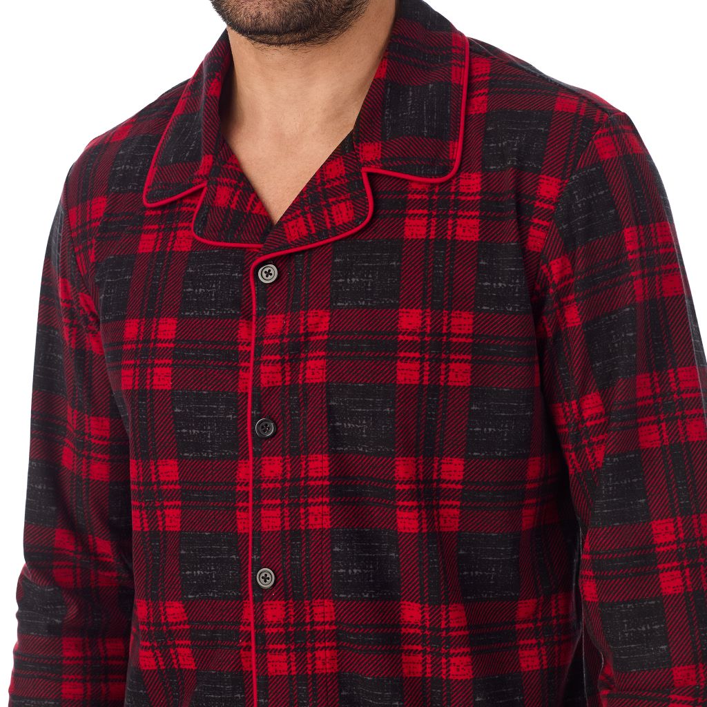 Red Buffalo Check; Model is wearing a size M. He is 6’2”, Waist is 32”, Inseam 34”@ A Man is wearing Red Buffalo Check Mens Cozy Lodge Notch Pajama 2-Pc Set