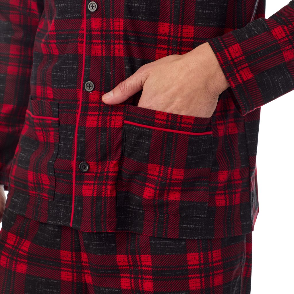  A Man is wearing Red Buffalo Check Mens Cozy Lodge Notch Pajama 2-Pc Set