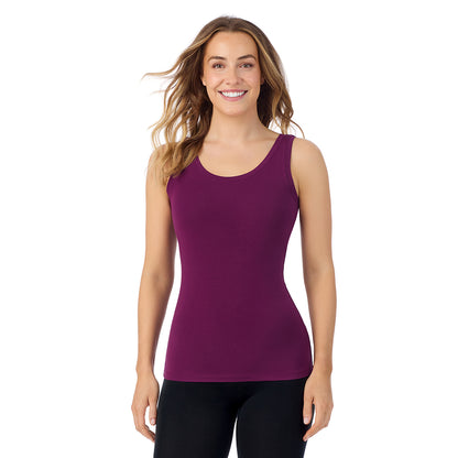 Dark Purple; Model is wearing size S. She is 5'11.5", Bust 34", Waist 26", Hips 37". @A lady wearing dark purple Rouge sleeveless reversible tank.
