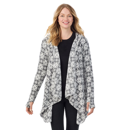 Charcoal Heather Tartan; Model is wearing size S. She is 5'11", Bust 33", Waist 24", Hips 34".@ A Lady is wearing a Charcoal Heather Tartan Fleecewear With Stretch Long Sleeve Hooded Wrap !94% Recycled Polyester, 6% Spandex!
