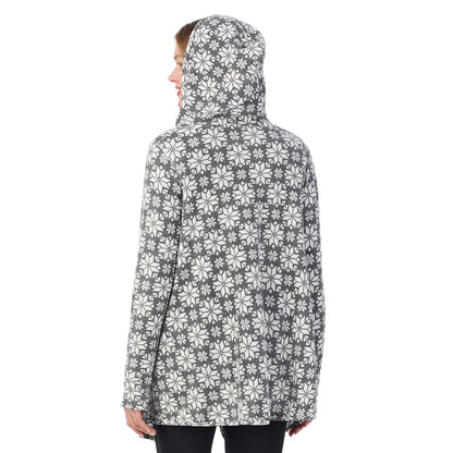 Charcoal Heather Tartan; Model is wearing size S. She is 5'11", Bust 33", Waist 24", Hips 34".@ A Lady is wearing a Charcoal Heather Tartan Fleecewear With Stretch Long Sleeve Hooded Wrap !94% Recycled Polyester, 6% Spandex!
