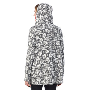  A Lady is wearing a CCharcoal Heather Nordic Fleecewear With Stretch Long Sleeve Hooded Wrap !94% Recycled Polyester, 6% Spandex!