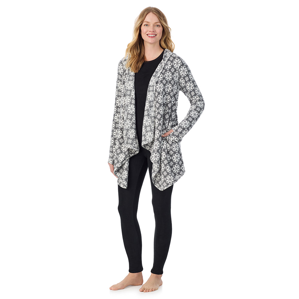 A Lady is wearing a CCharcoal Heather Nordic Fleecewear With Stretch Long Sleeve Hooded Wrap !94% Recycled Polyester, 6% Spandex!