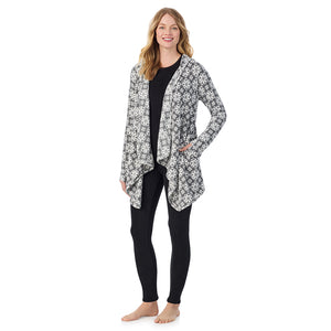  A Lady is wearing a CCharcoal Heather Nordic Fleecewear With Stretch Long Sleeve Hooded Wrap !94% Recycled Polyester, 6% Spandex!