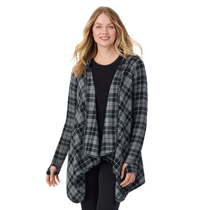  A Lady is wearing a Charcoal Heather Tartan Fleecewear With Stretch Long Sleeve Hooded Wrap !94% Recycled Polyester, 6% Spandex!
