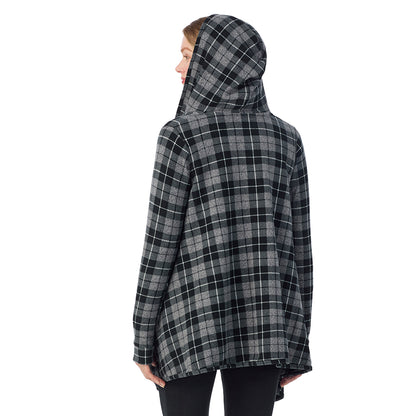Charcoal Heather Nordic; Model is wearing size S. She is 5'11", Bust 33", Waist 24", Hips 34".@ A Lady is wearing a CCharcoal Heather Nordic Fleecewear With Stretch Long Sleeve Hooded Wrap !94% Recycled Polyester, 6% Spandex!