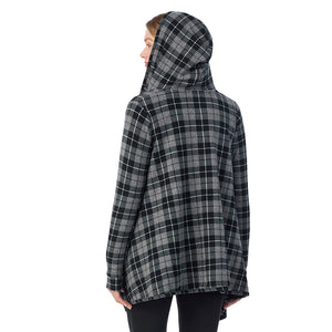 A Lady is wearing a Charcoal Heather Tartan Fleecewear With Stretch Long Sleeve Hooded Wrap !94% Recycled Polyester, 6% Spandex!