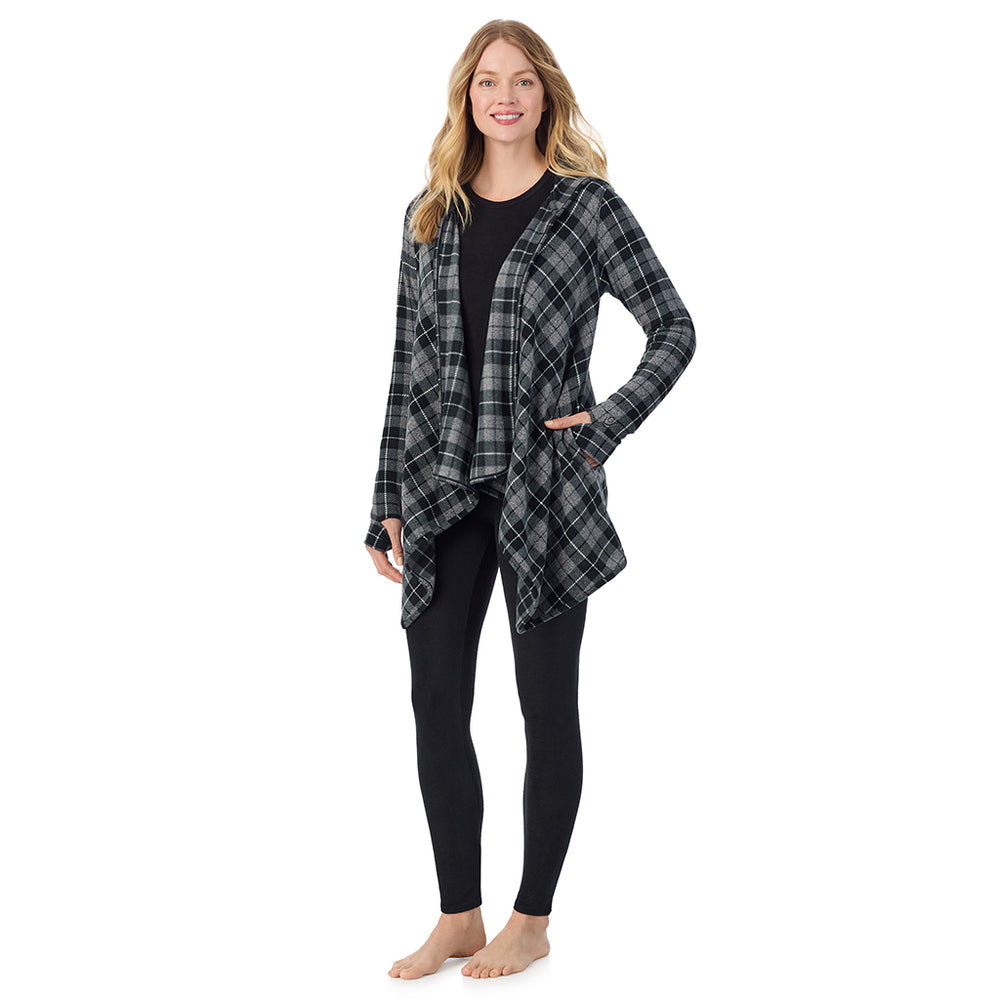 A Lady is wearing a Charcoal Heather Tartan Fleecewear With Stretch Long Sleeve Hooded Wrap !94% Recycled Polyester, 6% Spandex!