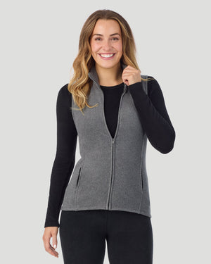 A lady wearing Fleecewear with Stretch Vest in Charcoal Heather close up close up