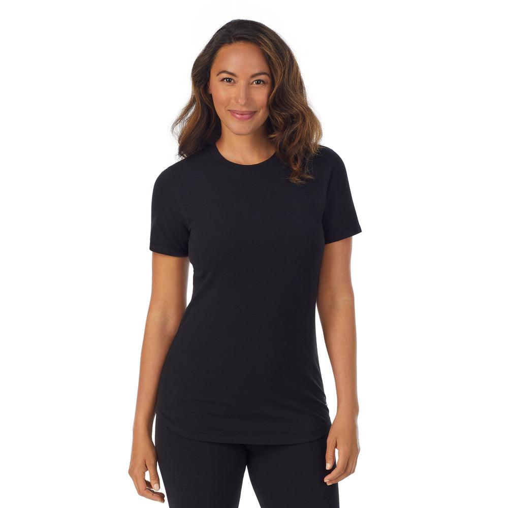 A lady wearing black cottonwear short sleeve t-shirt