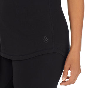 A lady wearing black cottonwear short sleeve t-shirt