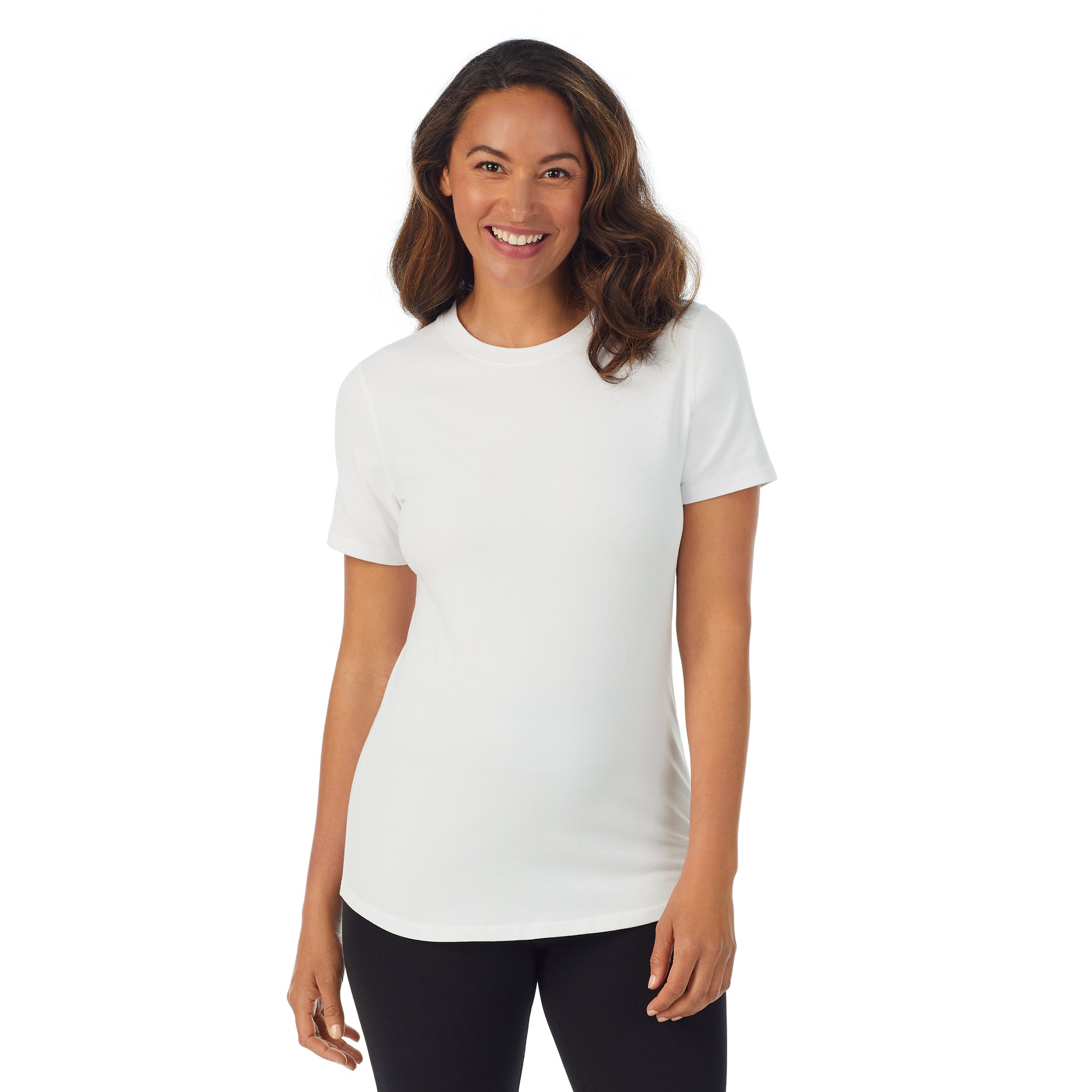 White; Model is wearing size S. She is 5'8", Bust 34", Waist 26”, Hips 36"@A lady wearing white cottonwear short sleeve t-shirt