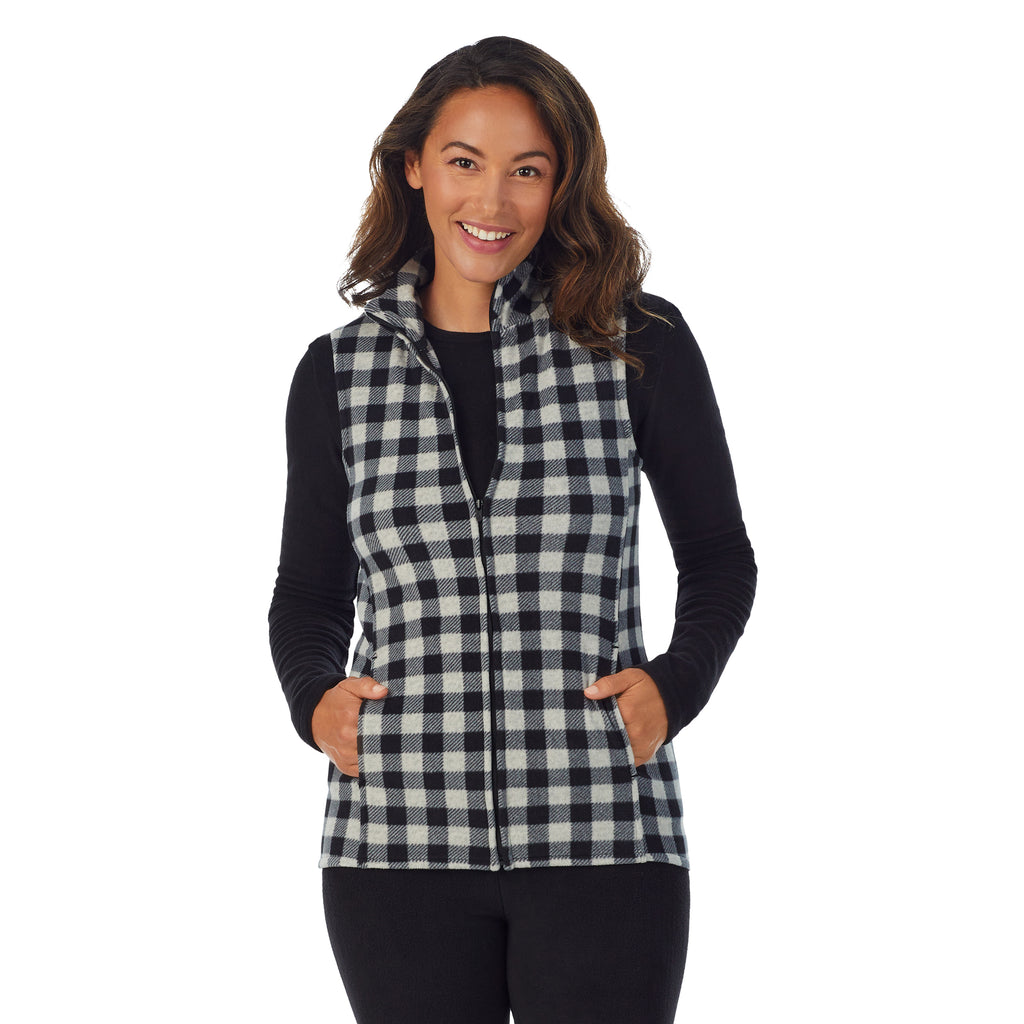 upper body of A lady wearing Grey Buffalo full zip vest !59% Polyester, 35% Recycled Polyester, 6% Spandex!