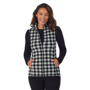 upper body of A lady wearing Grey Buffalo full zip vest !59% Polyester, 35% Recycled Polyester, 6% Spandex!