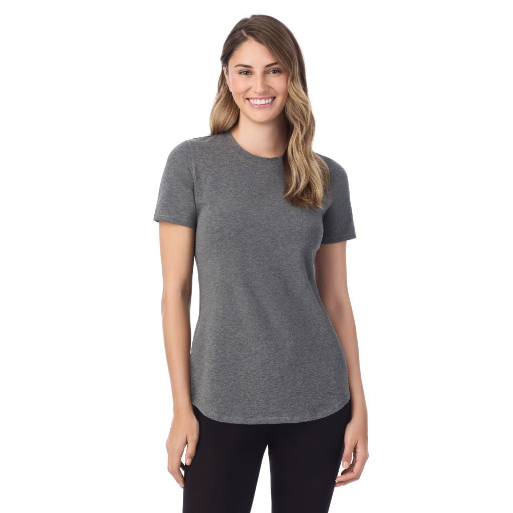 A lady wearing dark charcoal cottonwear short sleeve t-shirt