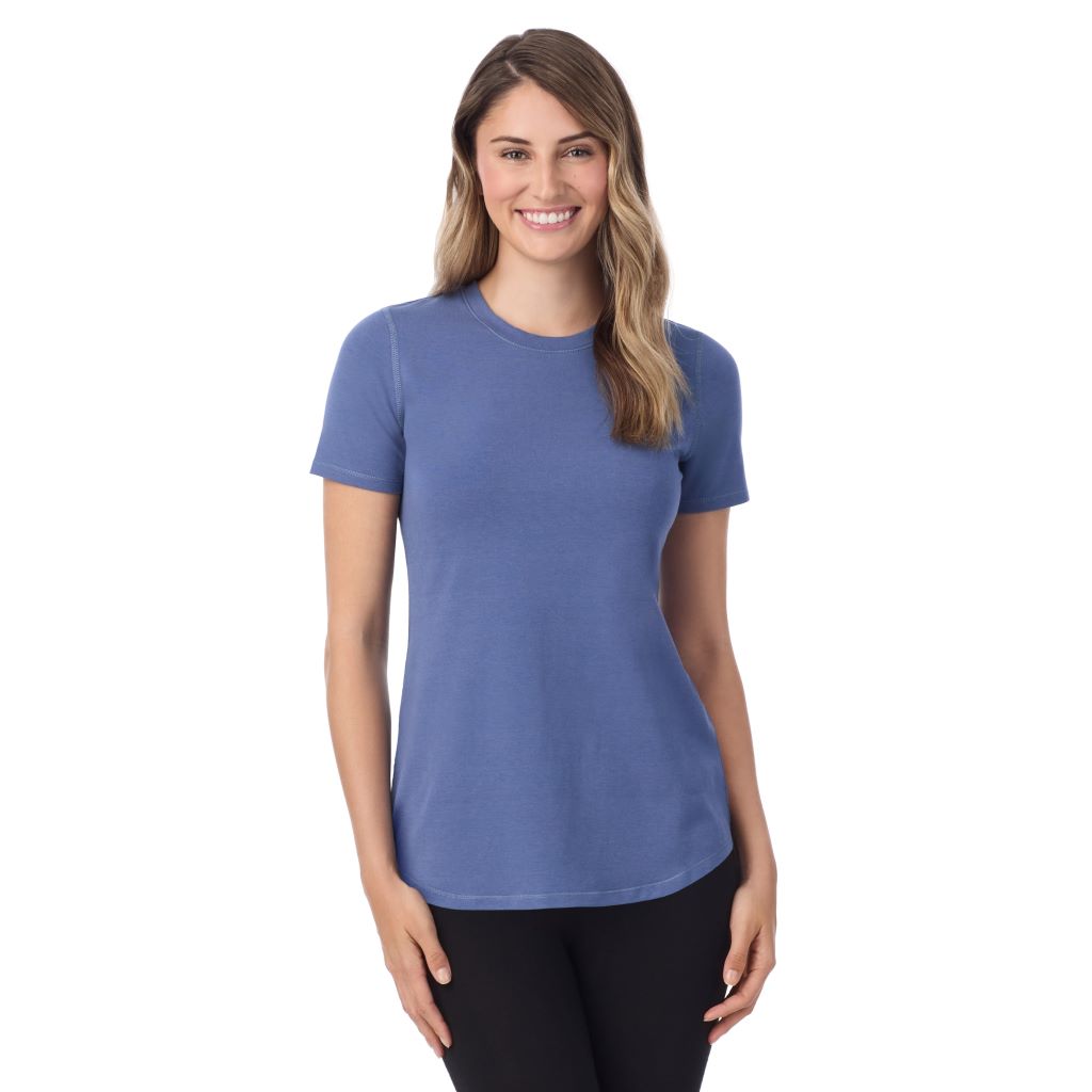 A lady wearing Smoke Blue cottonwear short sleeve t-shirt