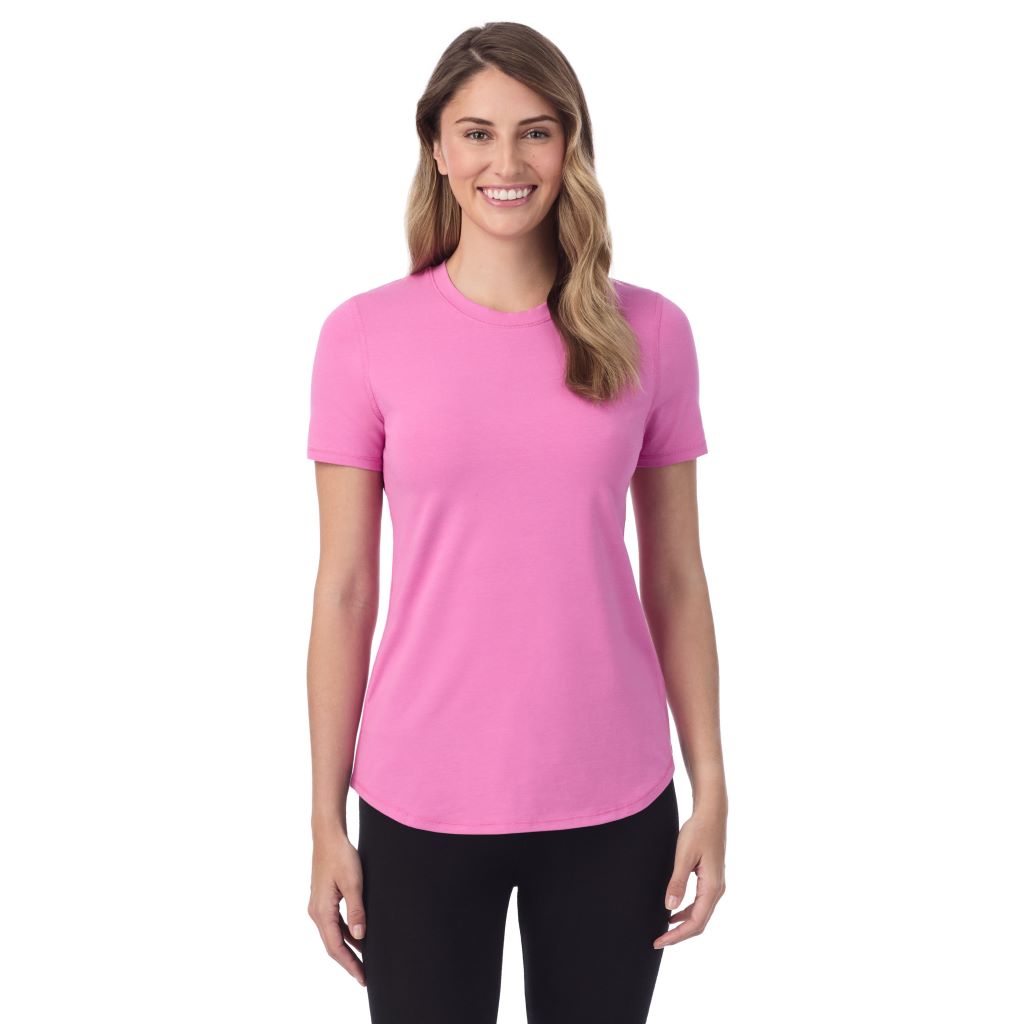 A lady wearing Fiji Pink cottonwear short sleeve t-shirt