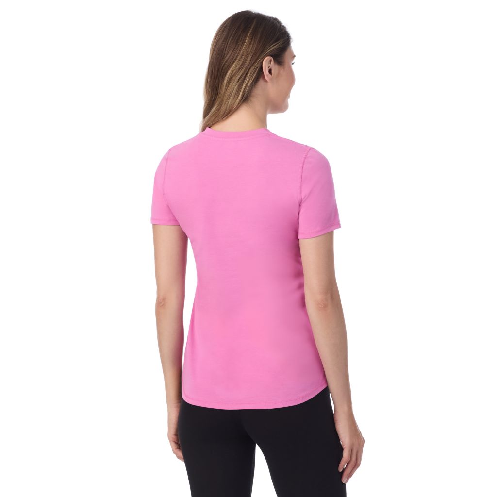 A lady wearing Fiji Pink cottonwear short sleeve t-shirt