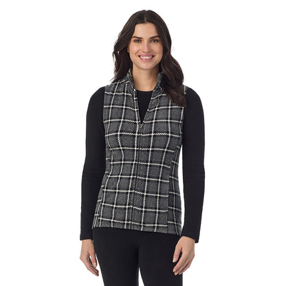 Grey Black Plaid; Model is wearing a size S. She is 5’9”, Bust 34”, Waist 25”, Hips 36”@ A Lady is wearing a Grey Black Plaid Fleecewear With Stretch Full Zip Vest !94% Recycled Polyester, 6% Spandex!