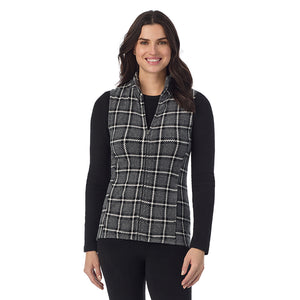  A Lady is wearing a Grey Black Plaid Fleecewear With Stretch Full Zip Vest !94% Recycled Polyester, 6% Spandex!