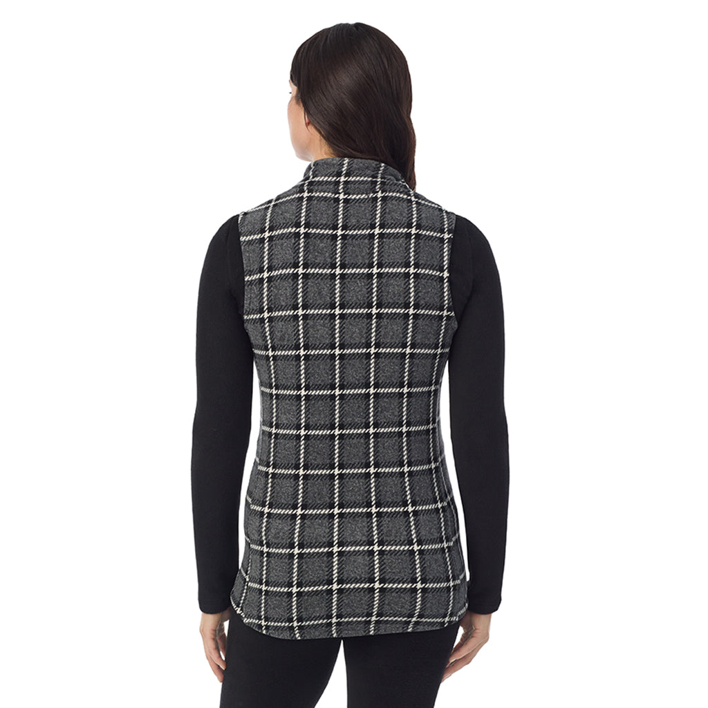  A Lady is wearing a Grey Black Plaid Fleecewear With Stretch Full Zip Vest !94% Recycled Polyester, 6% Spandex!