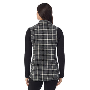  A Lady is wearing a Grey Black Plaid Fleecewear With Stretch Full Zip Vest !94% Recycled Polyester, 6% Spandex!