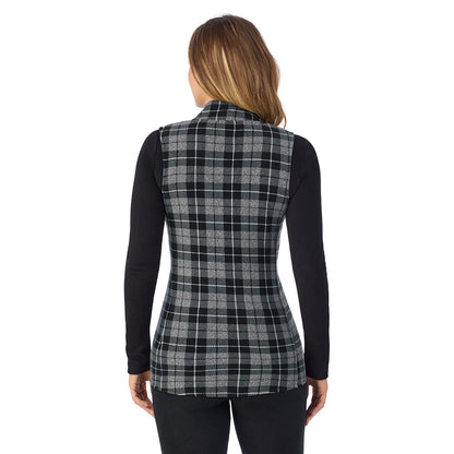 Charcoal Heather Tartan; Model is wearing size S. She is 5'11.5", Bust 34", Waist 26", Hips 37".@ A Lady is wearing a Charcoal Heather Tartan Fleecewear With Stretch Full Zip Vest !94% Recycled Polyester, 6% Spandex!