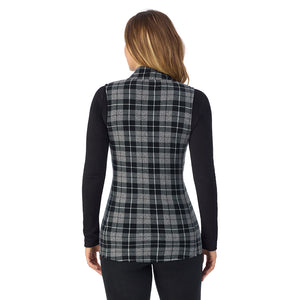  A Lady is wearing a Charcoal Heather Tartan Fleecewear With Stretch Full Zip Vest !94% Recycled Polyester, 6% Spandex!