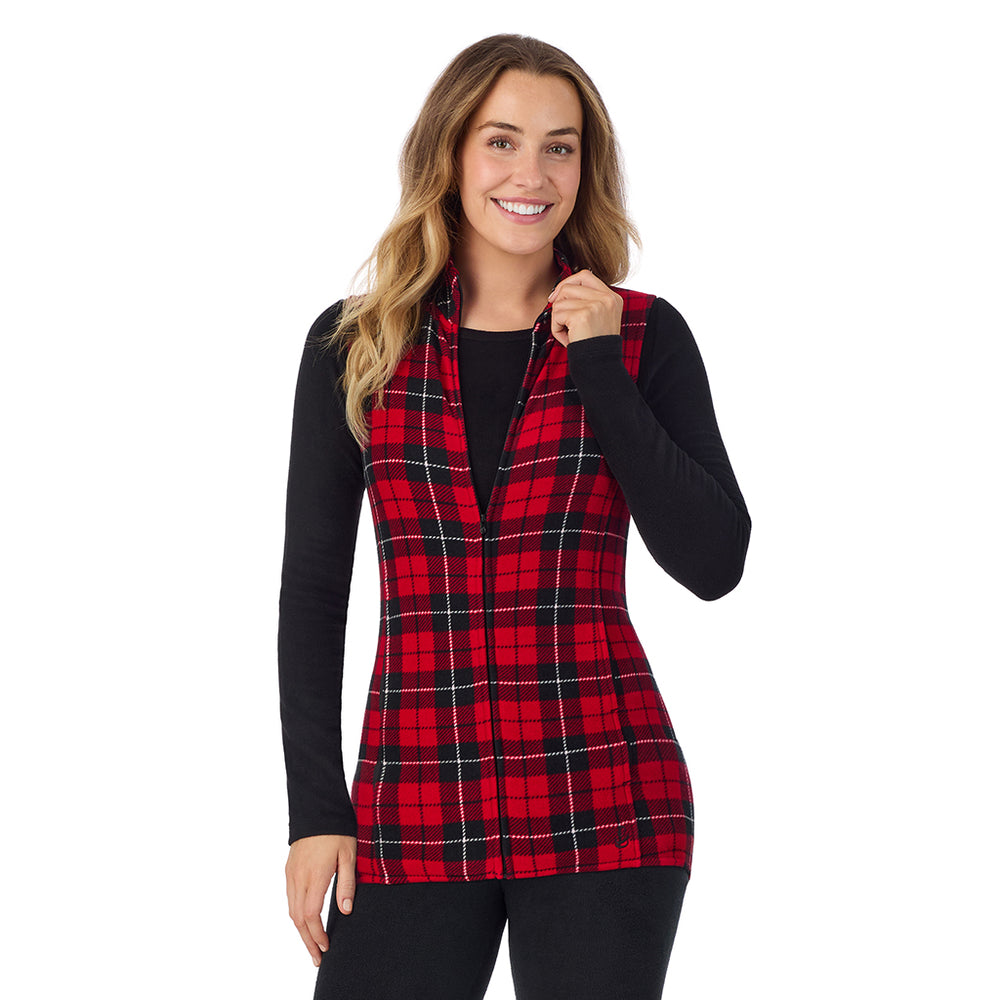 A Lady is wearing a Red/ Black Tartan Fleecewear With Stretch Full Zip Vest !94% Recycled Polyester, 6% Spandex!