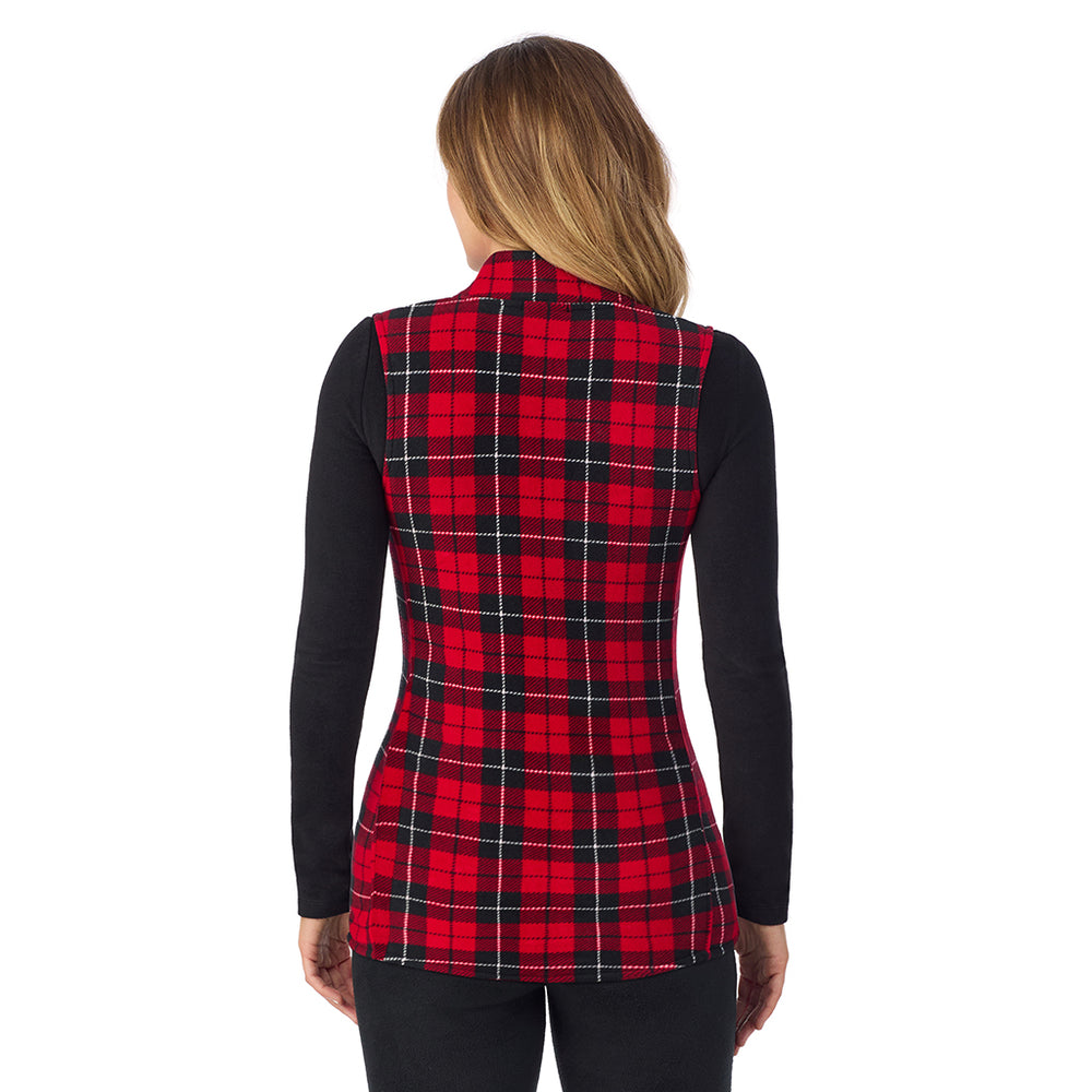 A Lady is wearing a Red/ Black Tartan Fleecewear With Stretch Full Zip Vest !94% Recycled Polyester, 6% Spandex!