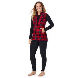  A Lady is wearing a Red/ Black Tartan Fleecewear With Stretch Full Zip Vest !94% Recycled Polyester, 6% Spandex!