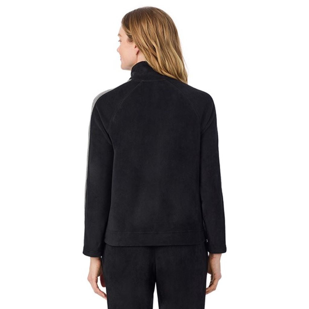 Black; Model is wearing size S. She is 5'11", Bust 33", Waist 24", Hips 34".@A lady wearing Black Cuddl Duds x Jennifer Lake Fleecewear with Stretch Half-Zip Pullover 