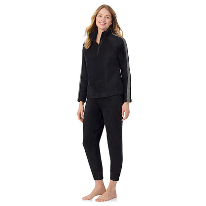 Black; Model is wearing size S. She is 5'11", Bust 33", Waist 24", Hips 34".@A lady wearing Black Cuddl Duds x Jennifer Lake Fleecewear with Stretch Half-Zip Pullover 