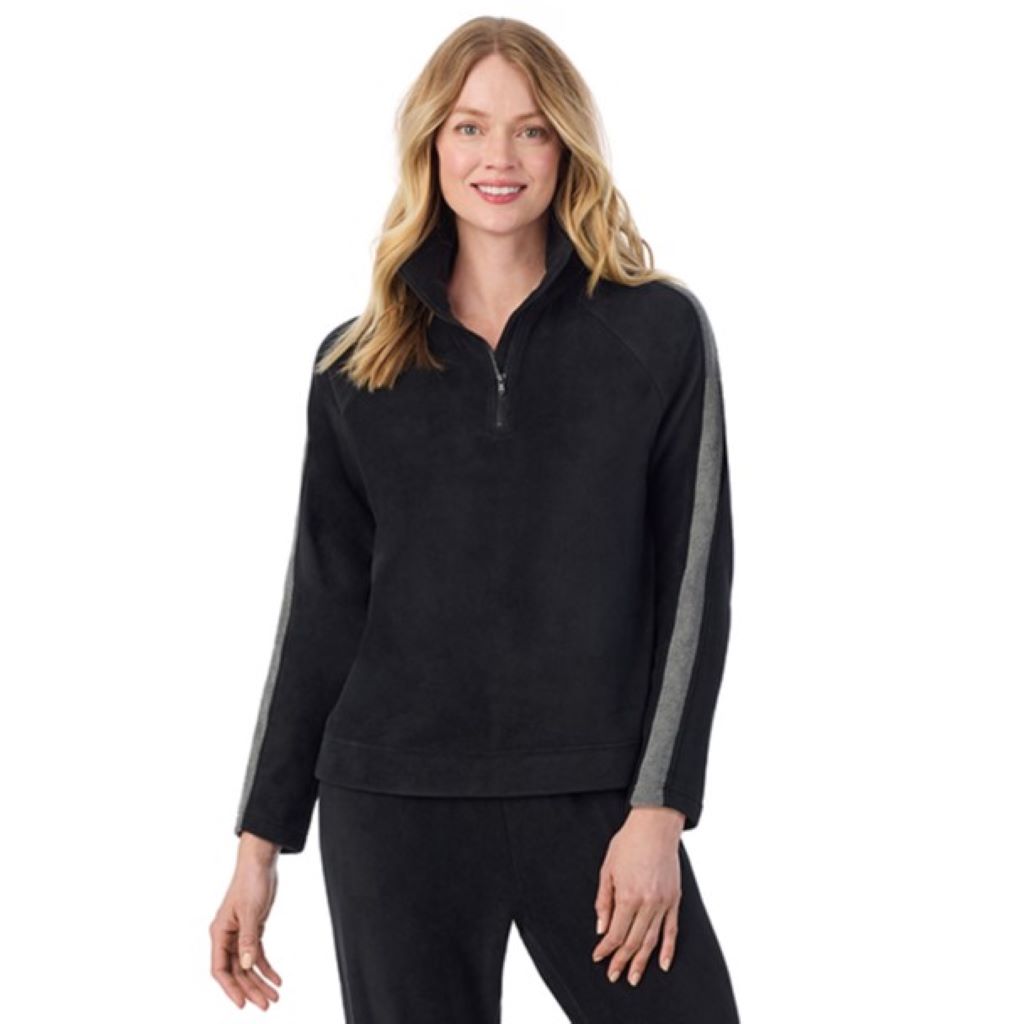 Navy Blazer; Model is wearing size S. She is 5'11", Bust 33", Waist 24", Hips 34".@A lady wearing  Navy Blazer Cuddl Duds x Jennifer Lake Fleecewear with Stretch Half-Zip Pullover 