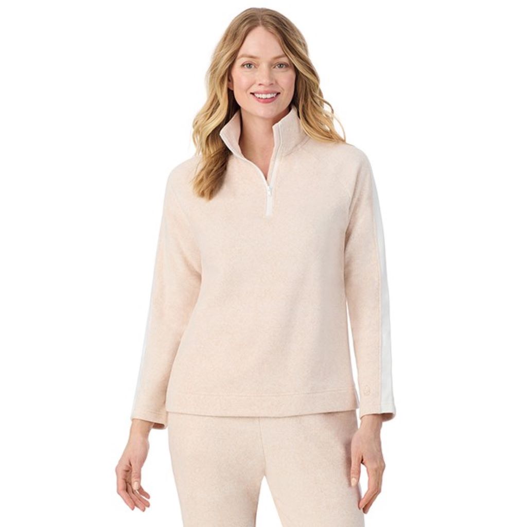 A lady wearing Oatmeal HeatherCuddl Duds x Jennifer Lake Fleecewear with Stretch Half-Zip Pullover 