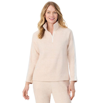 Oatmeal Heather; Model is wearing size S. She is 5'11", Bust 33", Waist 24", Hips 34".@A lady wearing Oatmeal HeatherCuddl Duds x Jennifer Lake Fleecewear with Stretch Half-Zip Pullover 