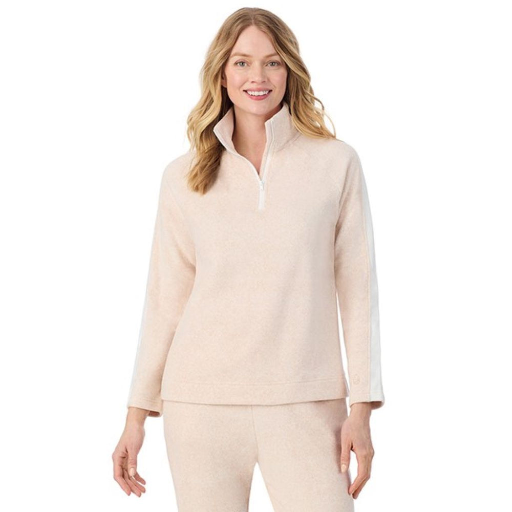 A lady wearing Oatmeal HeatherCuddl Duds x Jennifer Lake Fleecewear with Stretch Half-Zip Pullover