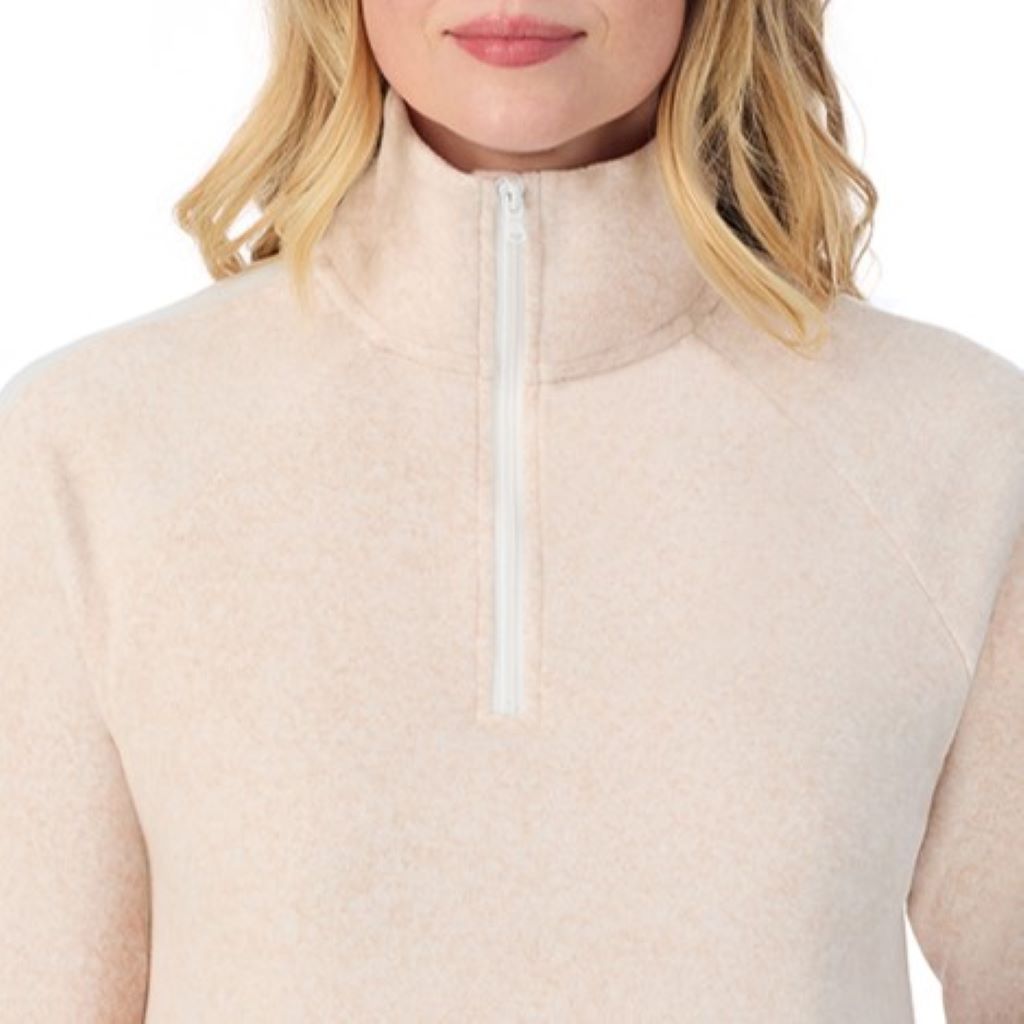 A lady wearing Oatmeal HeatherCuddl Duds x Jennifer Lake Fleecewear with Stretch Half-Zip Pullover 