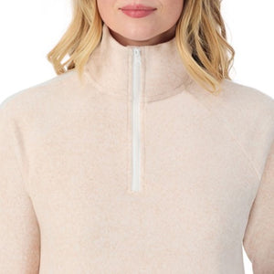 A lady wearing Oatmeal HeatherCuddl Duds x Jennifer Lake Fleecewear with Stretch Half-Zip Pullover 