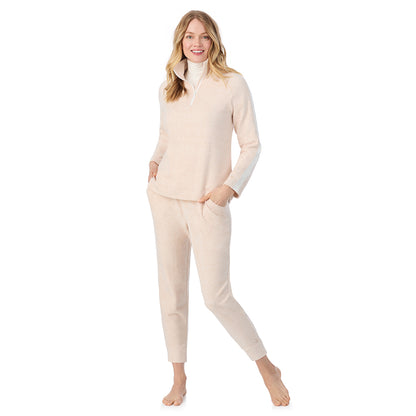 Oatmeal Heather; Model is wearing size S. She is 5'11", Bust 33", Waist 24", Hips 34".@A lady wearing Oatmeal HeatherCuddl Duds x Jennifer Lake Fleecewear with Stretch Half-Zip Pullover 