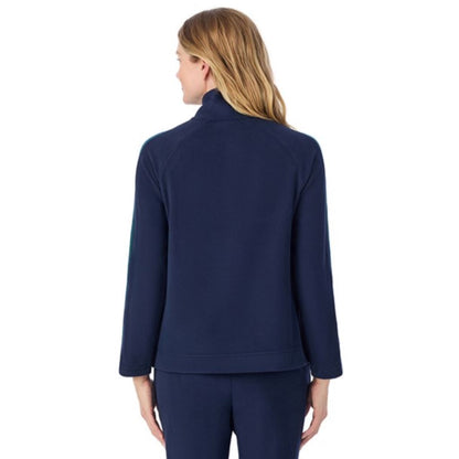 Navy Blazer; Model is wearing size S. She is 5'11", Bust 33", Waist 24", Hips 34".@A lady wearing  Navy Blazer Cuddl Duds x Jennifer Lake Fleecewear with Stretch Half-Zip Pullover 