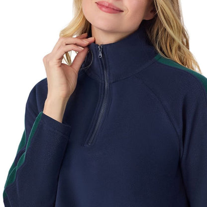 Navy Blazer; Model is wearing size S. She is 5'11", Bust 33", Waist 24", Hips 34".@A lady wearing  Navy Blazer Cuddl Duds x Jennifer Lake Fleecewear with Stretch Half-Zip Pullover 