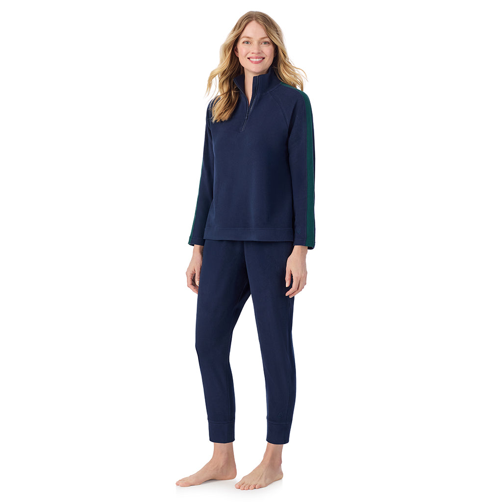 Navy Blazer; Model is wearing size S. She is 5'11", Bust 33", Waist 24", Hips 34".@A lady wearing  Navy Blazer Cuddl Duds x Jennifer Lake Fleecewear with Stretch Half-Zip Pullover 