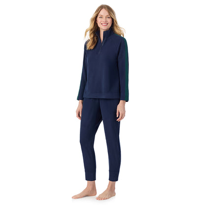 Navy Blazer; Model is wearing size S. She is 5'11", Bust 33", Waist 24", Hips 34".@A lady wearing  Navy Blazer Cuddl Duds x Jennifer Lake Fleecewear with Stretch Half-Zip Pullover 