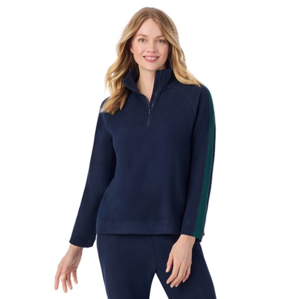 Navy Blazer; Model is wearing size S. She is 5'11", Bust 33", Waist 24", Hips 34".@A lady wearing  Navy Blazer Cuddl Duds x Jennifer Lake Fleecewear with Stretch Half-Zip Pullover 